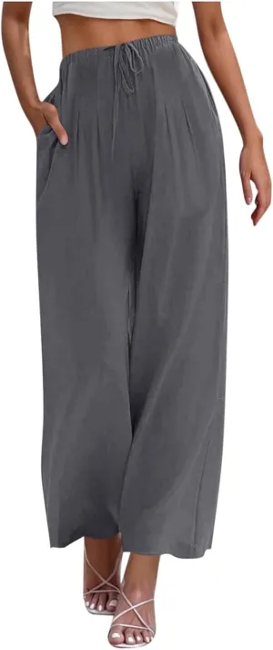 High Waisted Linen Pants for Women Wide Leg Drawstring Comfy Dressy Casual Trousers with Pockets Summer Beach Outfits