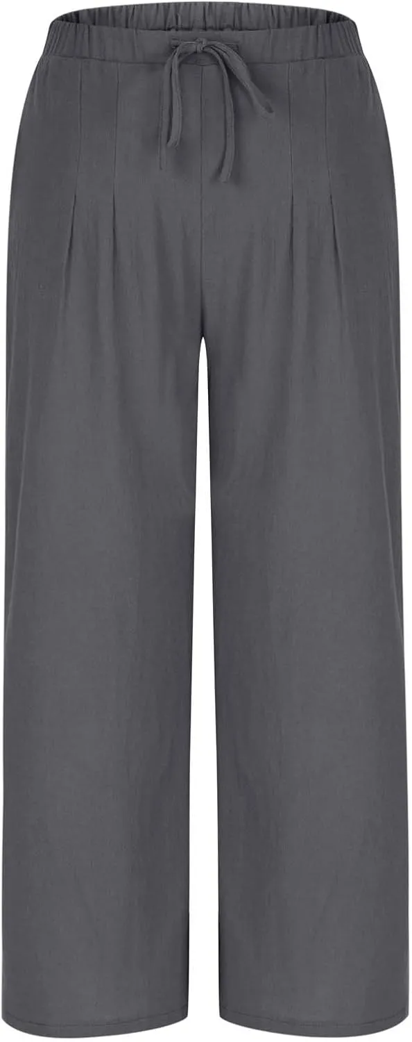 High Waisted Linen Pants for Women Wide Leg Drawstring Comfy Dressy Casual Trousers with Pockets Summer Beach Outfits