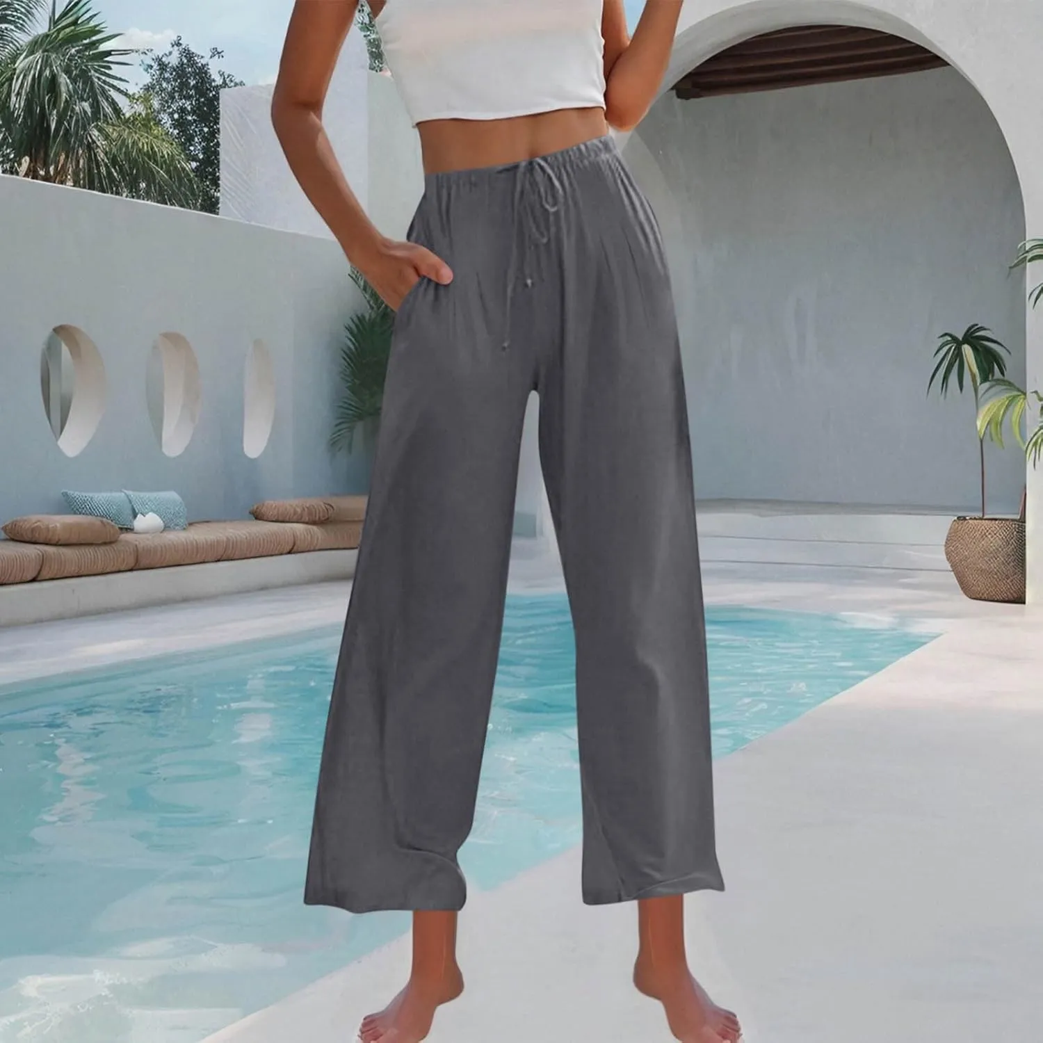 High Waisted Linen Pants for Women Wide Leg Drawstring Comfy Dressy Casual Trousers with Pockets Summer Beach Outfits
