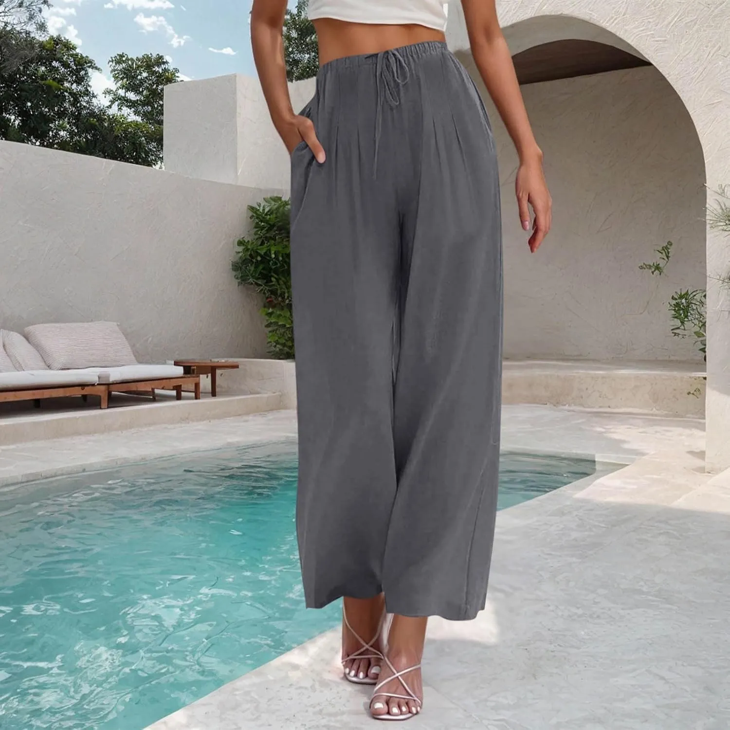 High Waisted Linen Pants for Women Wide Leg Drawstring Comfy Dressy Casual Trousers with Pockets Summer Beach Outfits