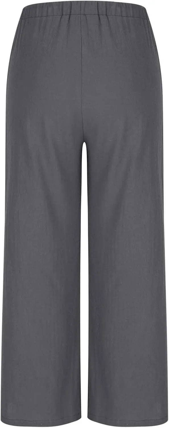 High Waisted Linen Pants for Women Wide Leg Drawstring Comfy Dressy Casual Trousers with Pockets Summer Beach Outfits