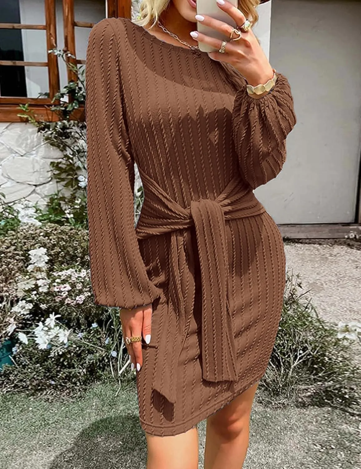HOTOUCH Women's Casual Knit Dress Long Lantern Sleeve Fall Bodycon Dress Crewneck Tie Waist Rib Knitted Sweater Dresses
