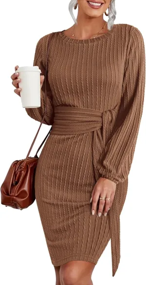 HOTOUCH Women's Casual Knit Dress Long Lantern Sleeve Fall Bodycon Dress Crewneck Tie Waist Rib Knitted Sweater Dresses