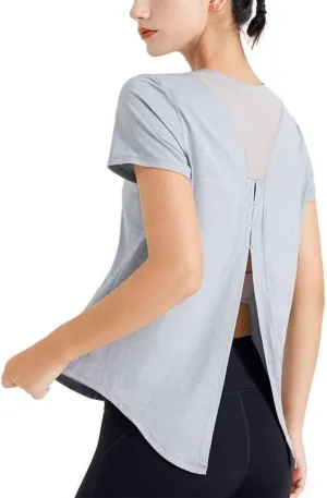 HSQMA Women Workout Shirts Short Sleeve Athletic Running Gym Tee Shirts Yoga TopQuick Dry Fitness Gym T ShirtOpen Back Running Gym Activewear (Color : Gray1, Size : L/)
