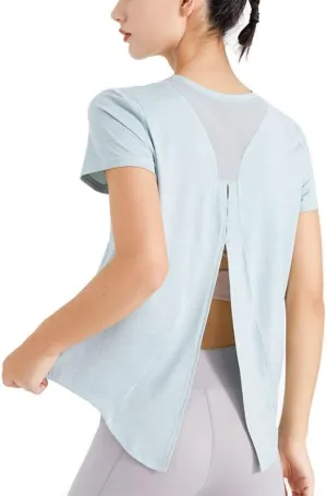 HSQMA Women Workout Shirts Short Sleeve Athletic Running Gym Tee Shirts Yoga TopQuick Dry Fitness Gym T ShirtOpen Back Running Gym Activewear (Color : Green, Size : XL/)