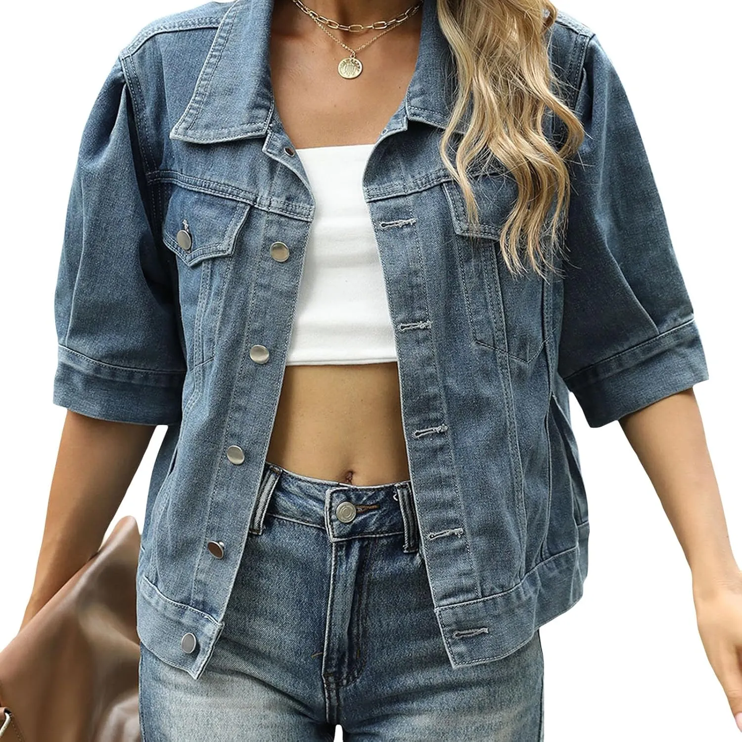 Hulpvktsgiq Women's Washed Denim Jacket Short Sleeve Turn-down Collar Button Jean Jackets Casual Coat Streetwear with Pockets