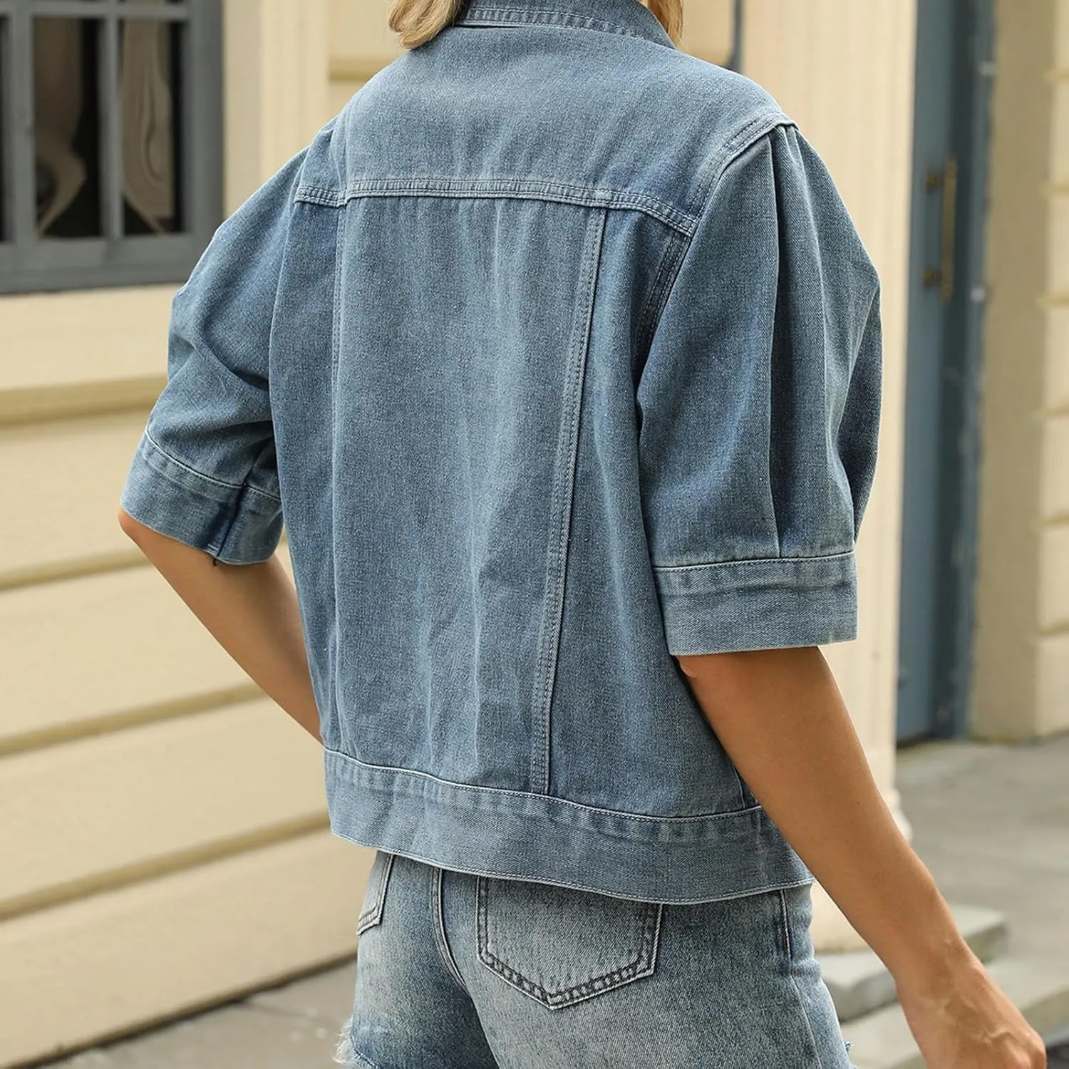 Hulpvktsgiq Women's Washed Denim Jacket Short Sleeve Turn-down Collar Button Jean Jackets Casual Coat Streetwear with Pockets