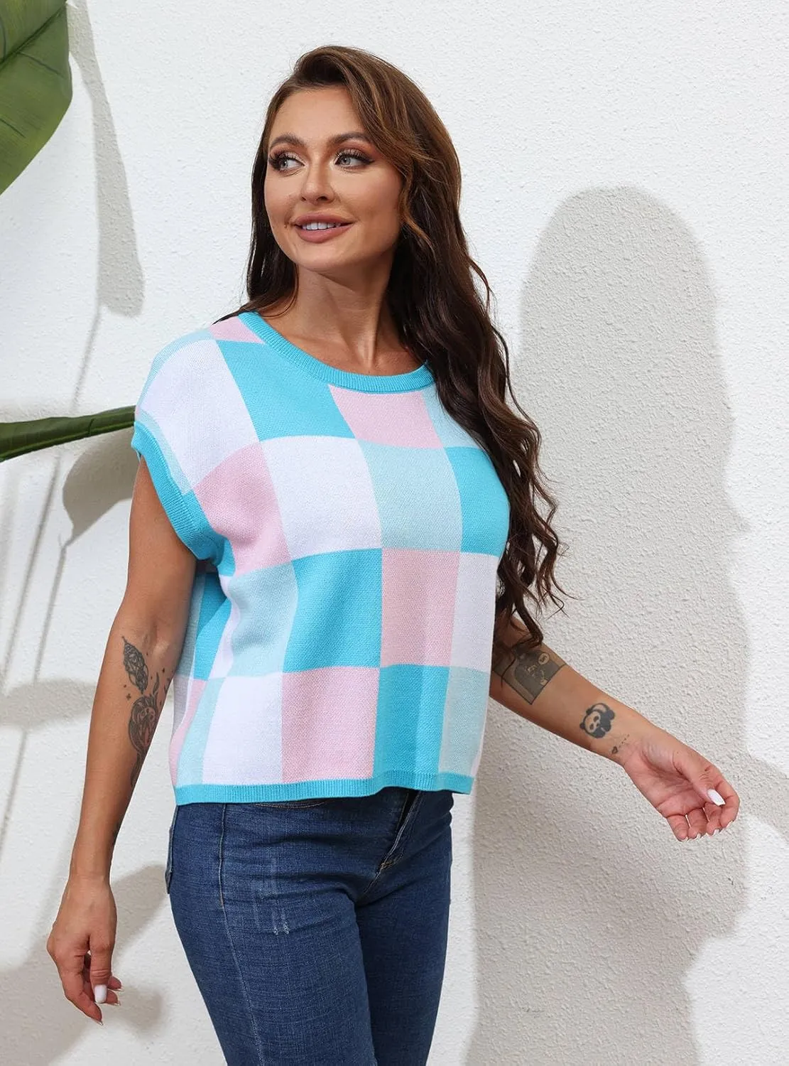IRISGOD Womens Cap Sleeve Knit Tops Summer Short Sleeve Sweater Vest Color Block Crop T-Shirts