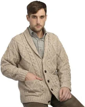 Irish Aran Knitwear 100% Irish Merino Wool Men's Shawl Neck Cardigan Sweater with Pockets (Oatmeal, X-Large)