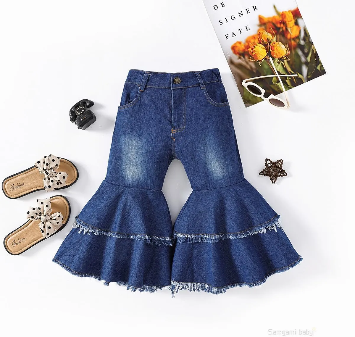 IWEMEK Toddler Girls Ruffle Ripped Jeans Bell Bottom Flare Pants Ripped Denim Leggings Trousers Elastic Waist Ruffle Pants