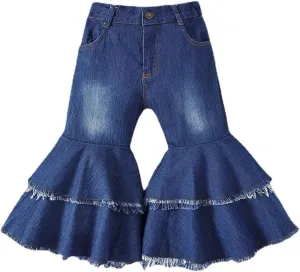IWEMEK Toddler Girls Ruffle Ripped Jeans Bell Bottom Flare Pants Ripped Denim Leggings Trousers Elastic Waist Ruffle Pants