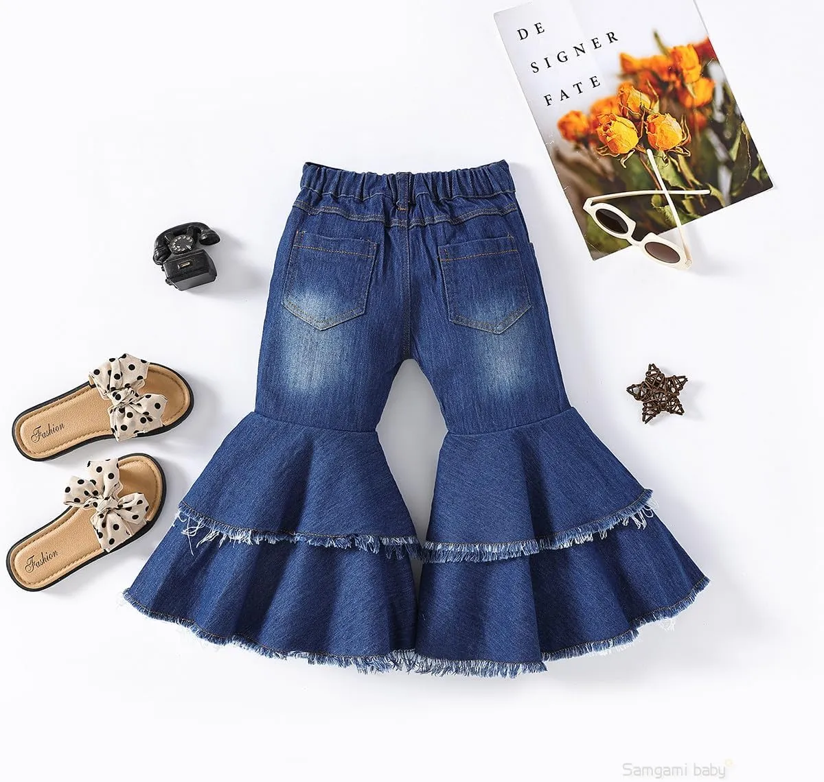 IWEMEK Toddler Girls Ruffle Ripped Jeans Bell Bottom Flare Pants Ripped Denim Leggings Trousers Elastic Waist Ruffle Pants