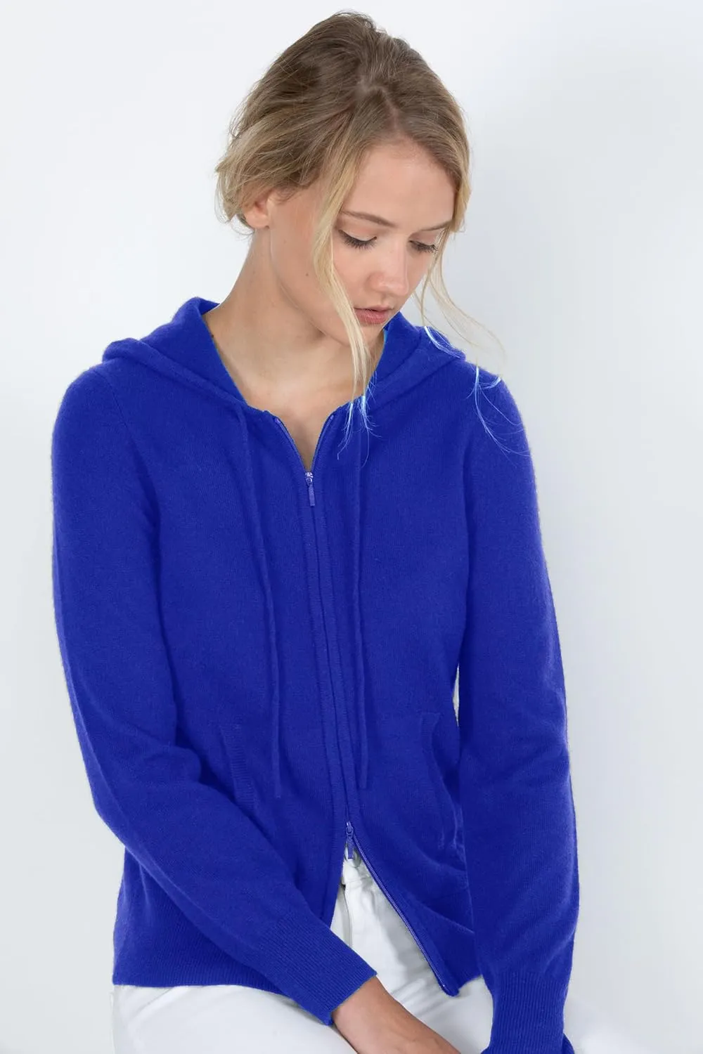 JENNIE LIU Women's 100% Pure Cashmere Long Sleeve Zip Hoodie Cardigan Sweater