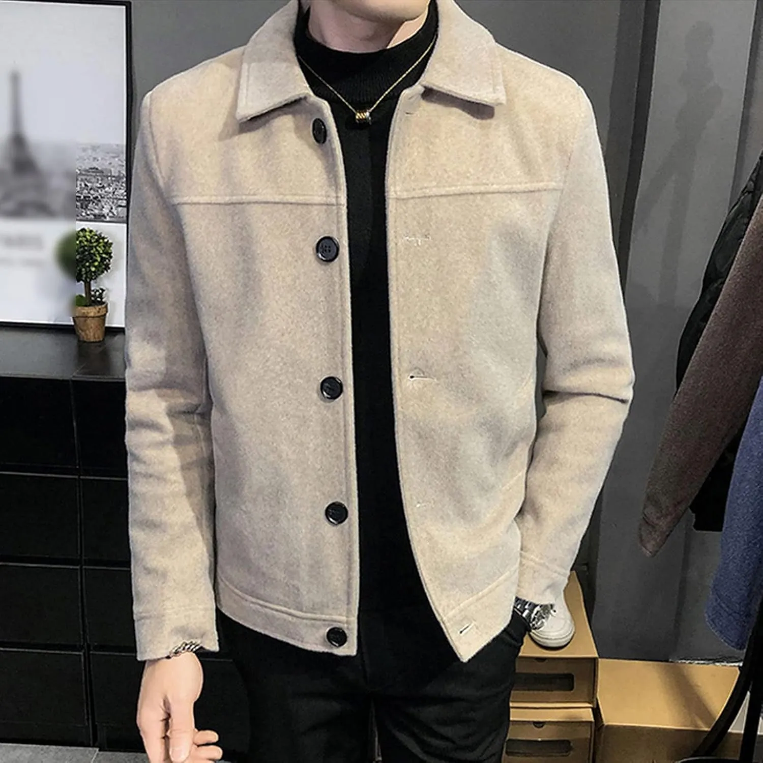 JEShifangjiusu Men'S Classic Notched Collar Casual Double Breasted Wool Blend Pea Coat Business Down Jacket Trench Topcoat