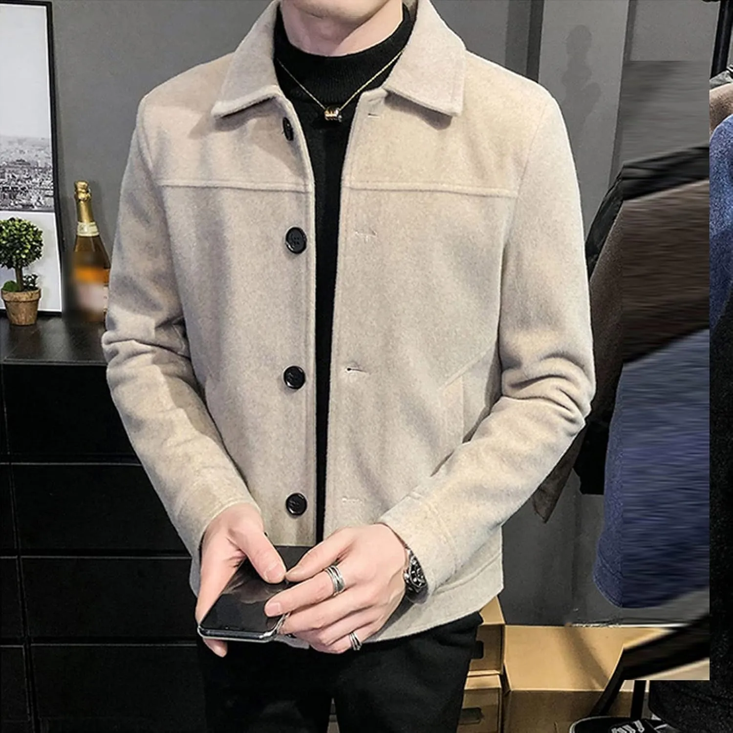 JEShifangjiusu Men'S Classic Notched Collar Casual Double Breasted Wool Blend Pea Coat Business Down Jacket Trench Topcoat