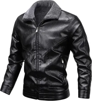 JEsilunmaMY Men's Fur Collar Winter Leather Jacket Full Zip Fleece Lined Lapel Sherpa Coat Slim Fit Casual Bomber Outwear