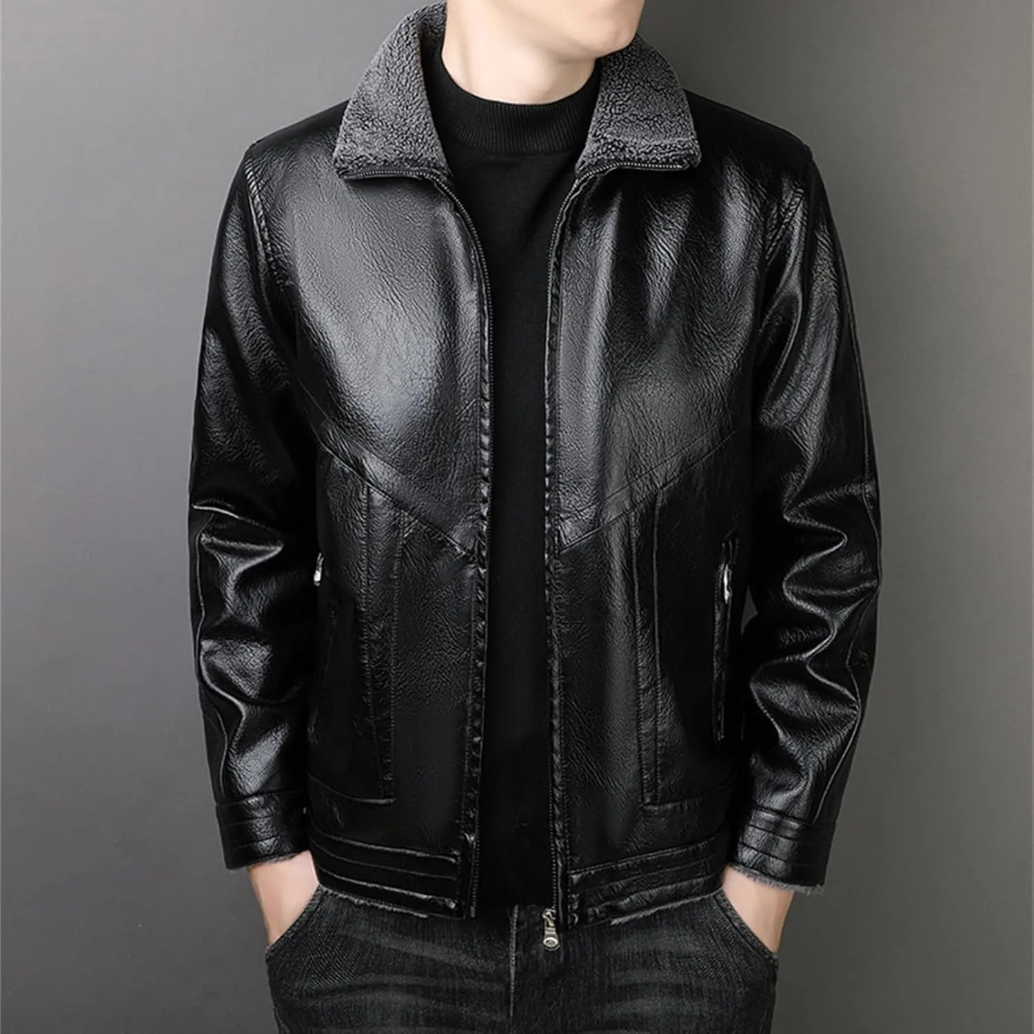 JEsilunmaMY Men's Fur Collar Winter Leather Jacket Full Zip Fleece Lined Lapel Sherpa Coat Slim Fit Casual Bomber Outwear
