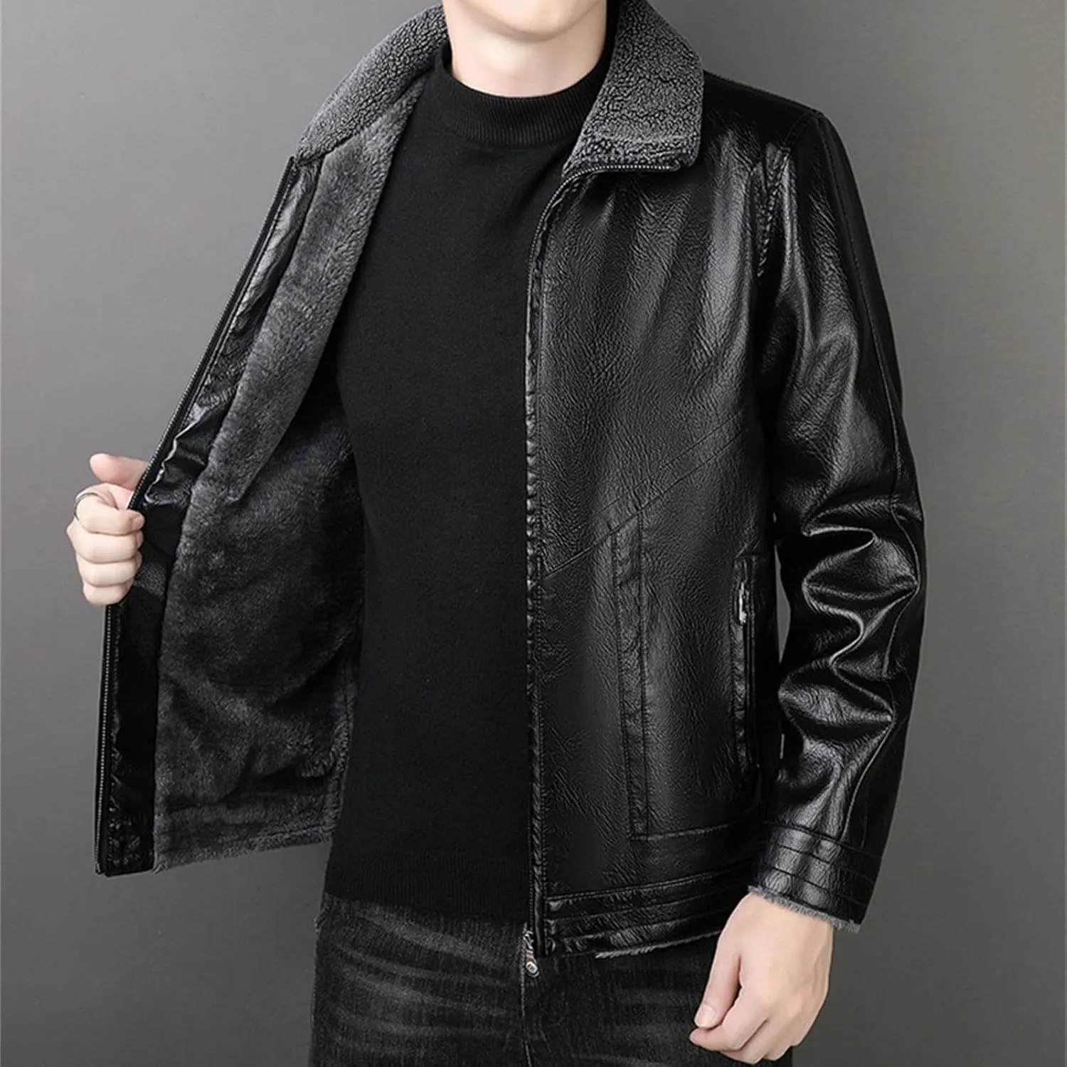 JEsilunmaMY Men's Fur Collar Winter Leather Jacket Full Zip Fleece Lined Lapel Sherpa Coat Slim Fit Casual Bomber Outwear