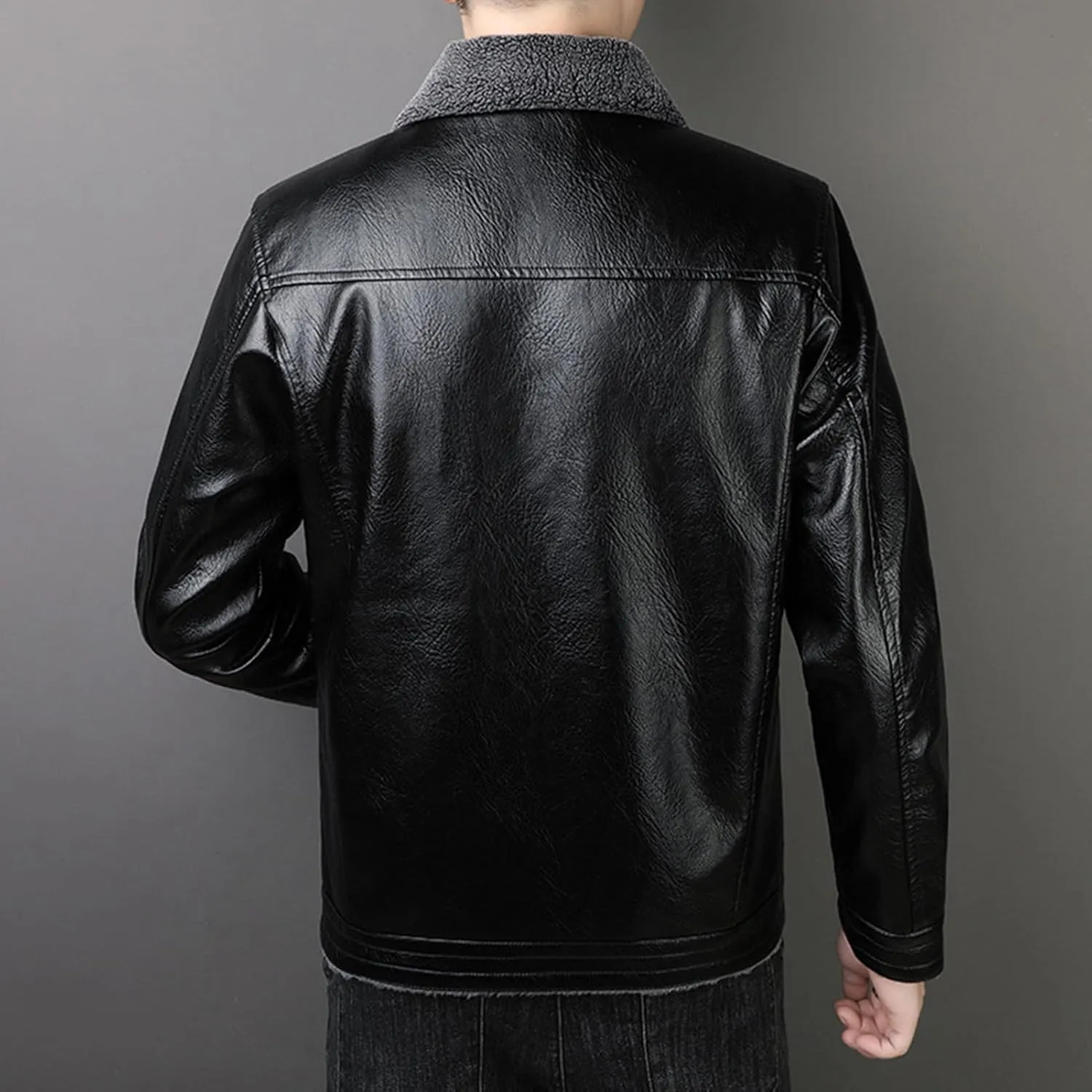 JEsilunmaMY Men's Fur Collar Winter Leather Jacket Full Zip Fleece Lined Lapel Sherpa Coat Slim Fit Casual Bomber Outwear
