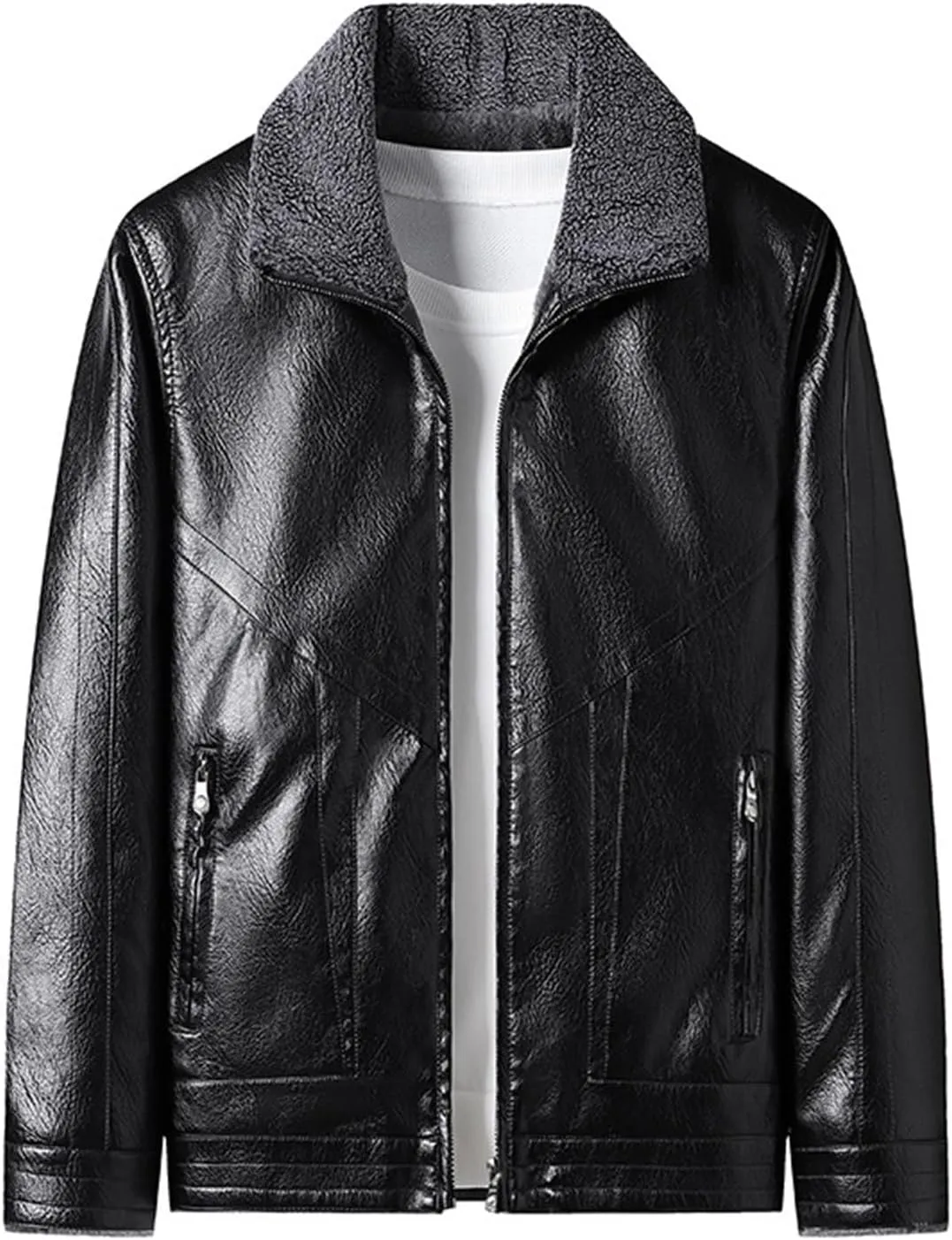 JEsilunmaMY Men's Fur Collar Winter Leather Jacket Full Zip Fleece Lined Lapel Sherpa Coat Slim Fit Casual Bomber Outwear