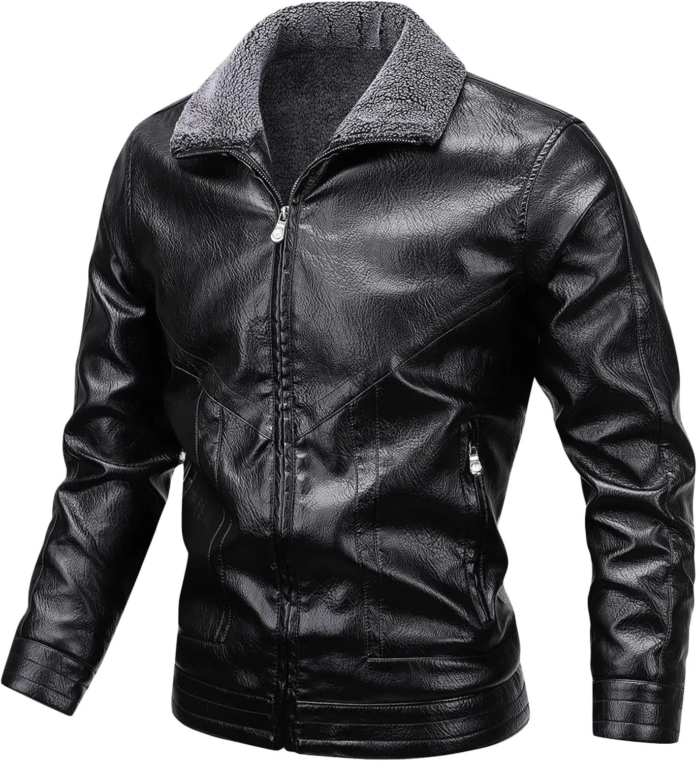 JEsilunmaMY Men's Fur Collar Winter Leather Jacket Full Zip Fleece Lined Lapel Sherpa Coat Slim Fit Casual Bomber Outwear
