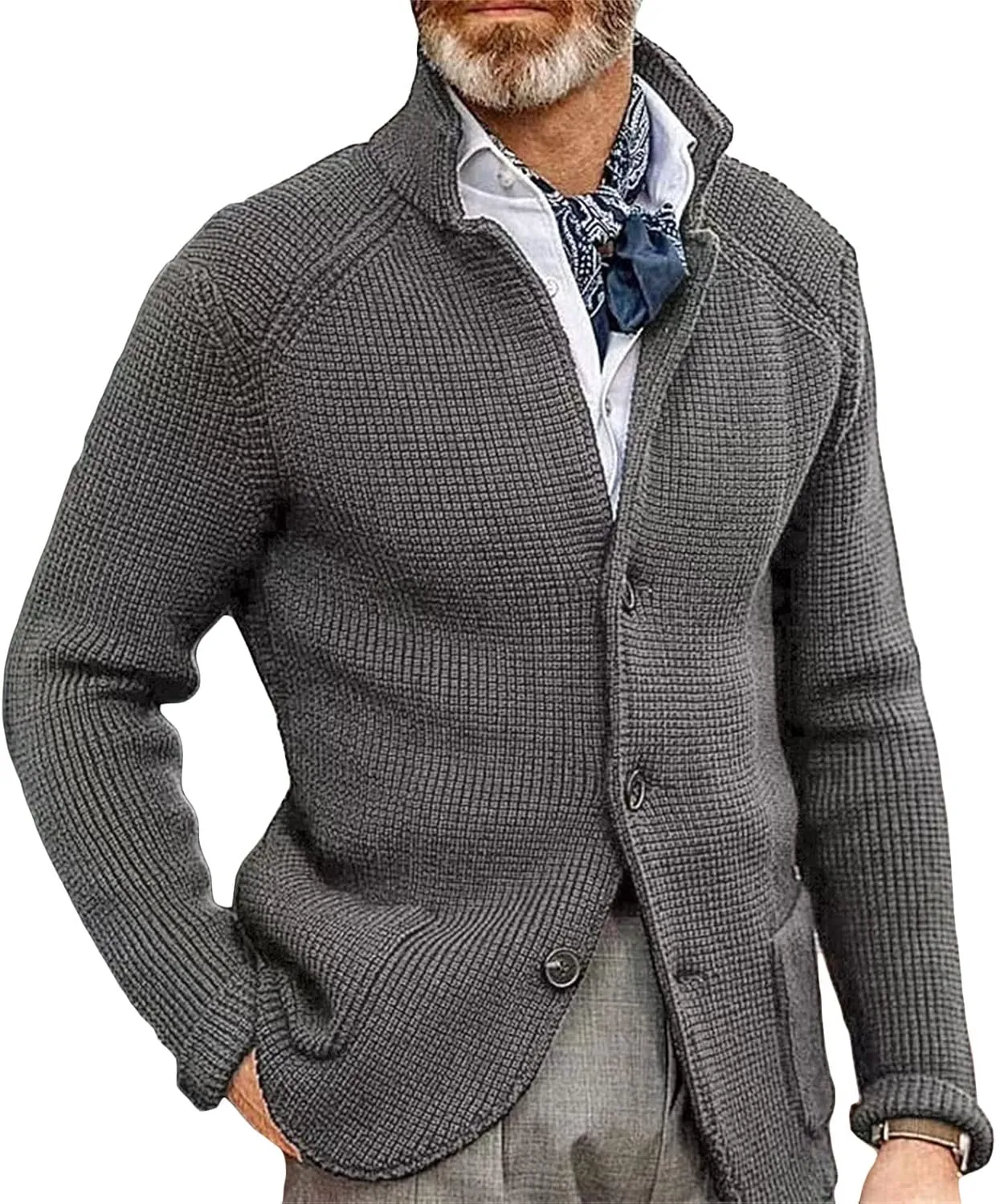 JEsilunmaMY Mens Solid Color Waffle Knit Cardigan Casual Button Up Pocket Blazer Jacket Fall Winter Slim Fit Sweater Coat