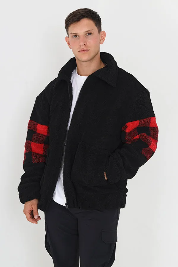JET BLACK/RED CHECK ZIP THROUGH BORG SWEATSHIRT