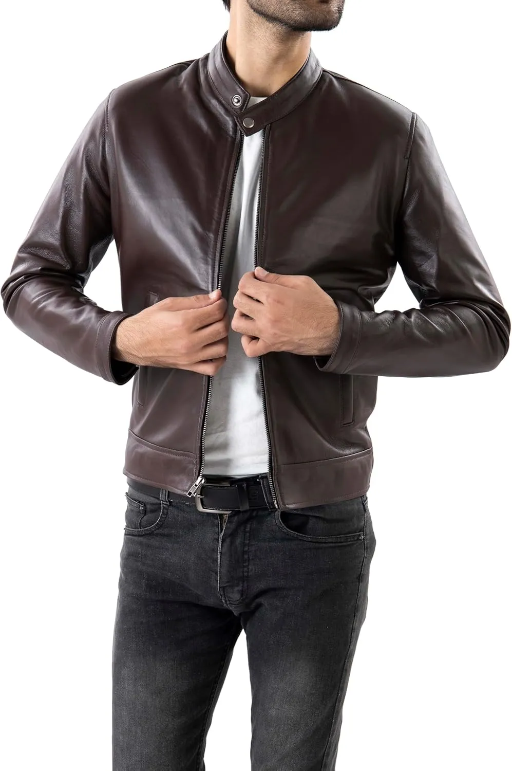 Jild Classical Single Piece Lambskin Leather Jacket Men - Everyday Wear Snap Tab Collar Mens Motorcycle Leather Jacket