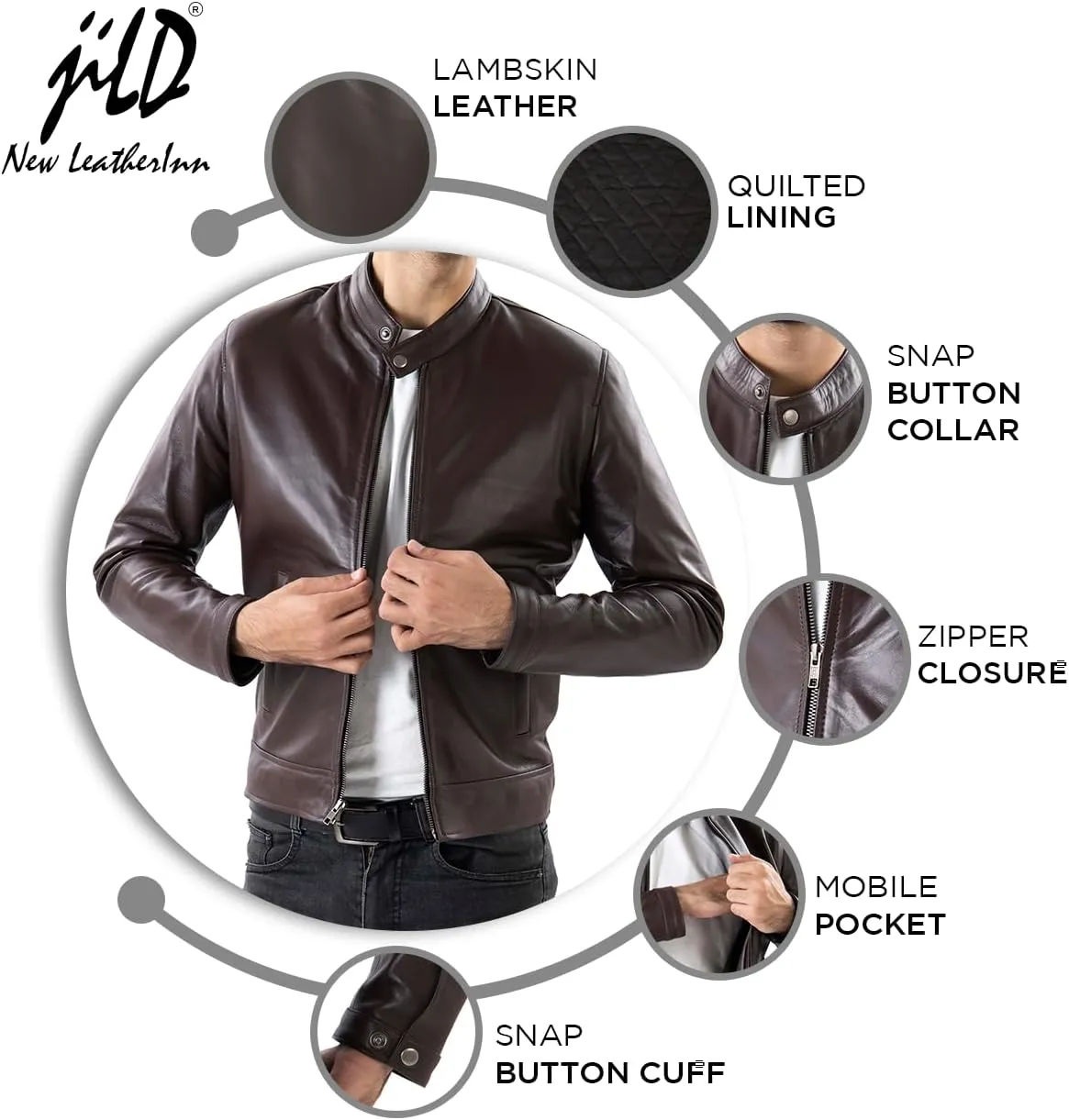 Jild Classical Single Piece Lambskin Leather Jacket Men - Everyday Wear Snap Tab Collar Mens Motorcycle Leather Jacket
