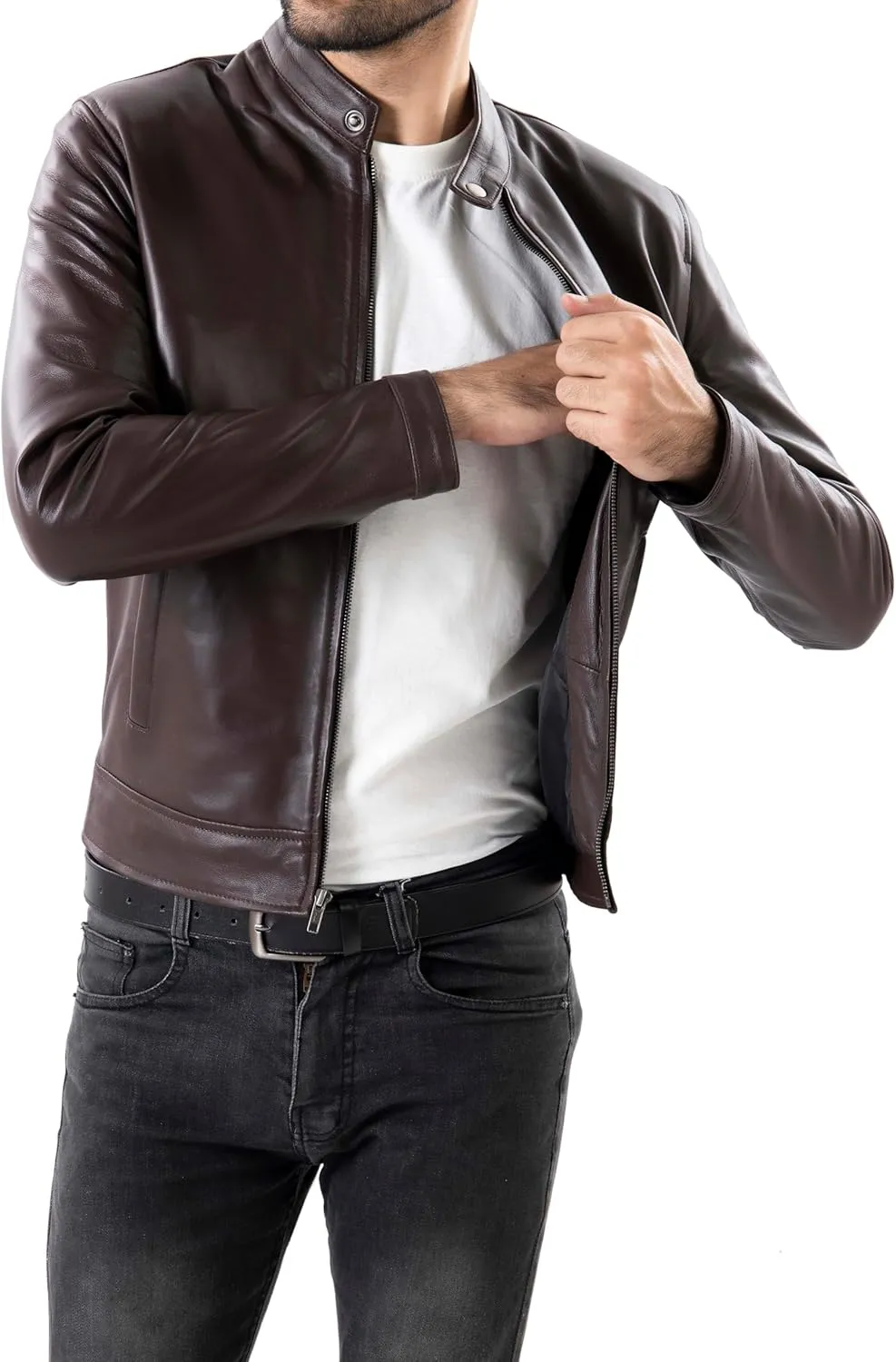 Jild Classical Single Piece Lambskin Leather Jacket Men - Everyday Wear Snap Tab Collar Mens Motorcycle Leather Jacket