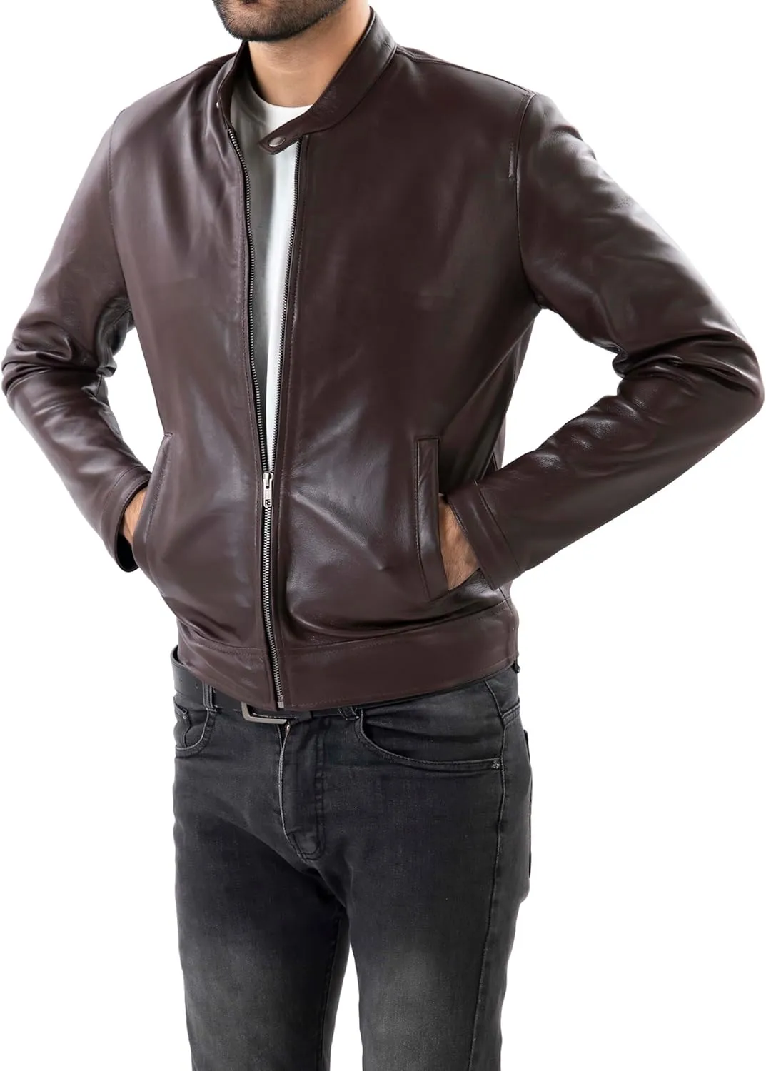 Jild Classical Single Piece Lambskin Leather Jacket Men - Everyday Wear Snap Tab Collar Mens Motorcycle Leather Jacket
