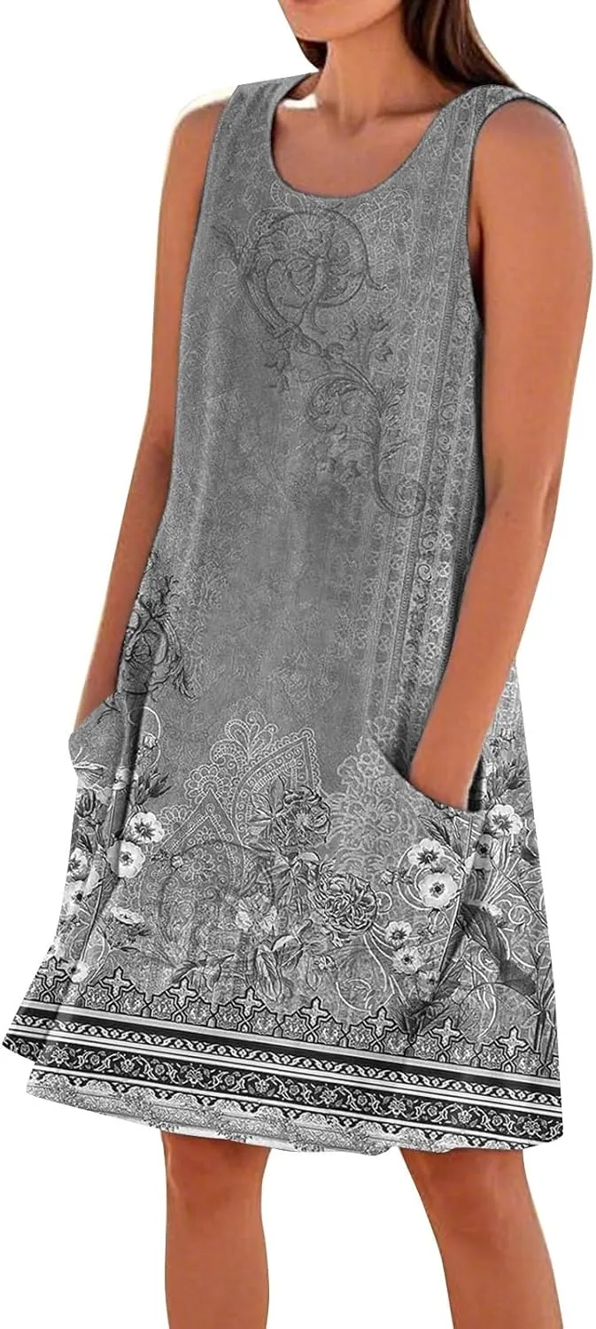 JJHAEVDY Summer Dresses for Women 2025 Beach U Neck Tank Dress Loose Sleeveless T Shirt Dress Casual Sundresses with Pockets