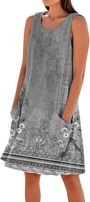 JJHAEVDY Summer Dresses for Women 2025 Beach U Neck Tank Dress Loose Sleeveless T Shirt Dress Casual Sundresses with Pockets