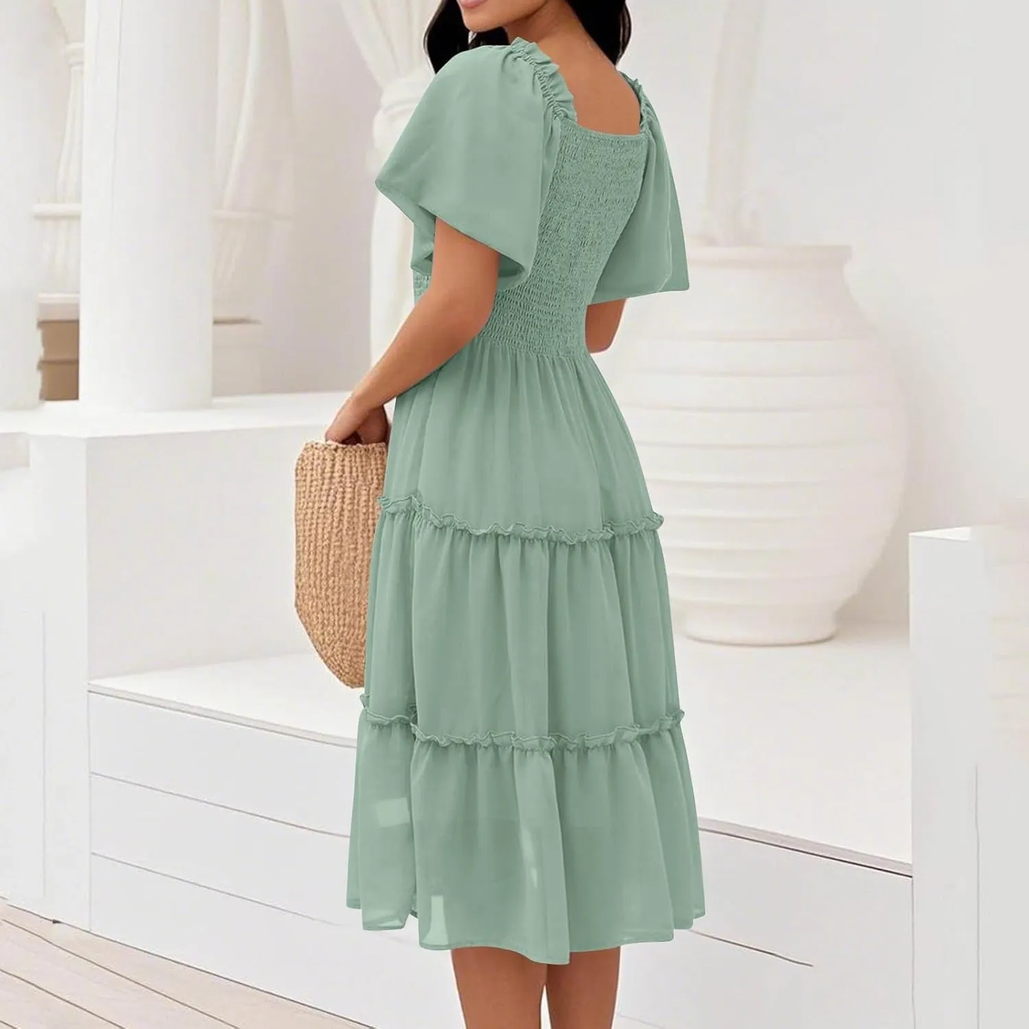 JJHAEVDY Summer Dresses for Women Square Neck Flutter Sleeve Solid High Waist Casual Smocked Flowy A Line Tiered Midi Dress