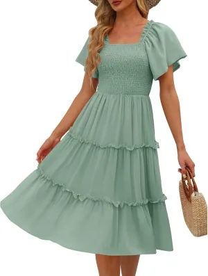 JJHAEVDY Summer Dresses for Women Square Neck Flutter Sleeve Solid High Waist Casual Smocked Flowy A Line Tiered Midi Dress