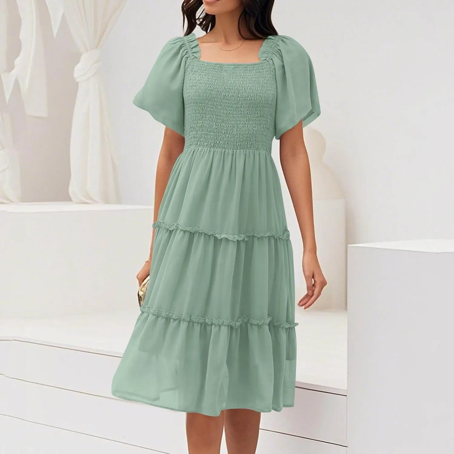JJHAEVDY Summer Dresses for Women Square Neck Flutter Sleeve Solid High Waist Casual Smocked Flowy A Line Tiered Midi Dress