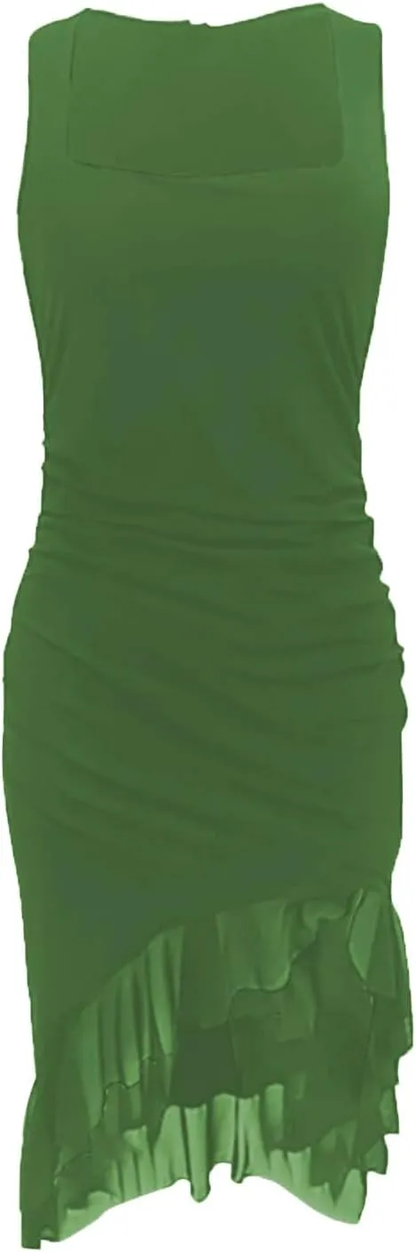 JOAU Women's Sexy Low Cut Ruched Bodycon Midi Dresses Square Neck Sleeveless Irregular Mesh Ruffle Hem Club Party Tank Dress
