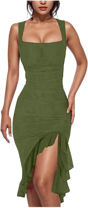 JOAU Women's Sexy Low Cut Ruched Bodycon Midi Dresses Square Neck Sleeveless Irregular Mesh Ruffle Hem Club Party Tank Dress