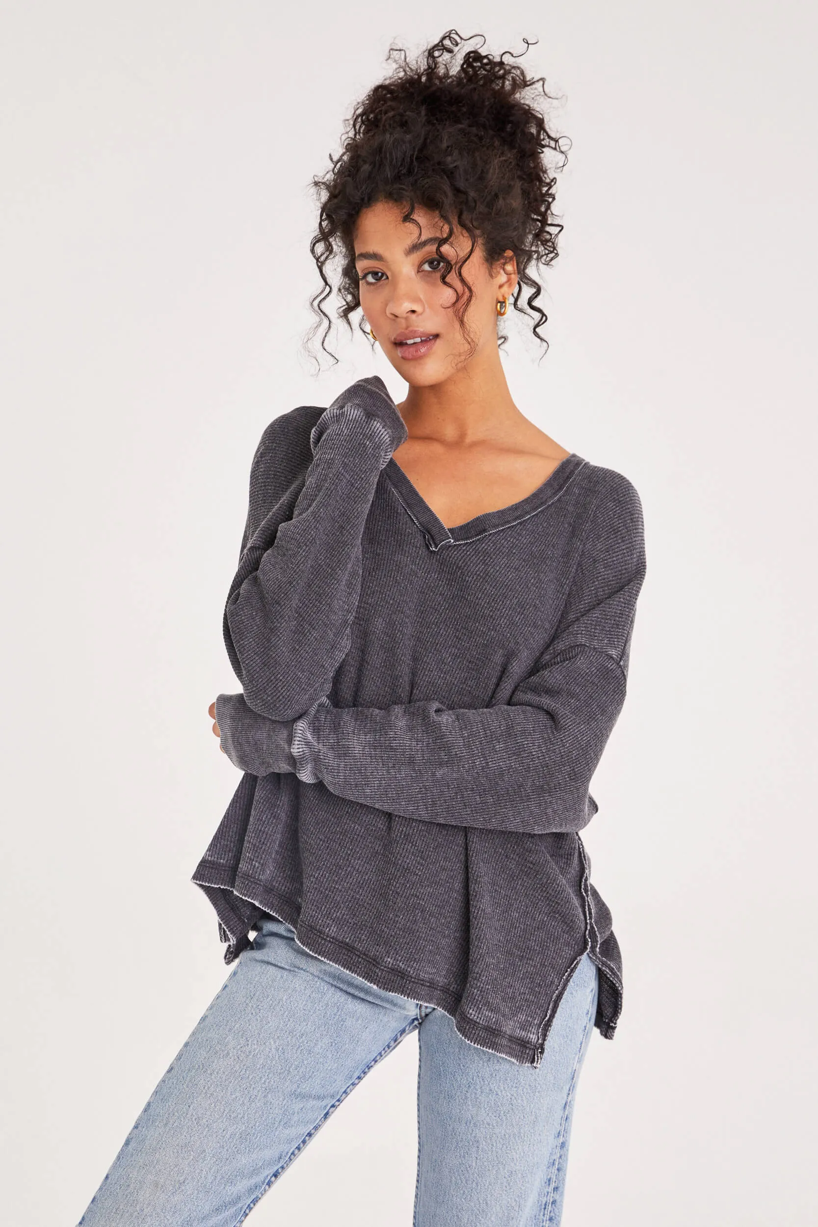 Jocelyn Burnout Black V-Neck Thermal Top