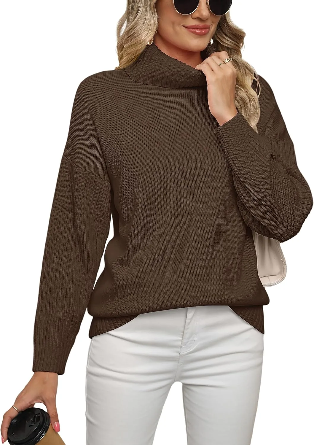 Jouica Women 2024 Fall Casual Turtleneck Batwing Sleeve Chunky Oversized Ribbed Knit Tunic Sweaters Pullover