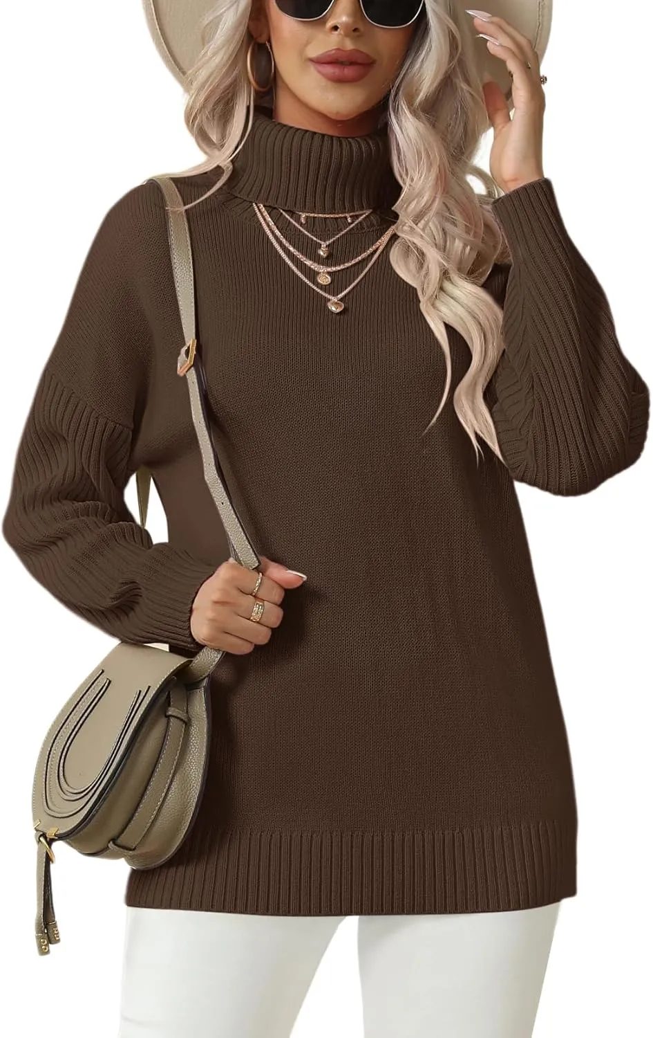 Jouica Women 2024 Fall Casual Turtleneck Batwing Sleeve Chunky Oversized Ribbed Knit Tunic Sweaters Pullover