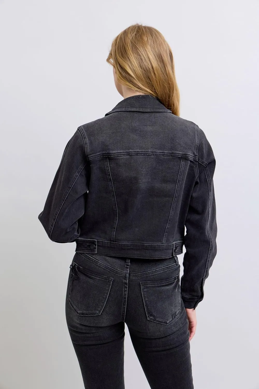 Judy Blue Mid-Length Black Jacket  Stretch Denim Comfort, Classic Style, Versatile Outerwear -7878