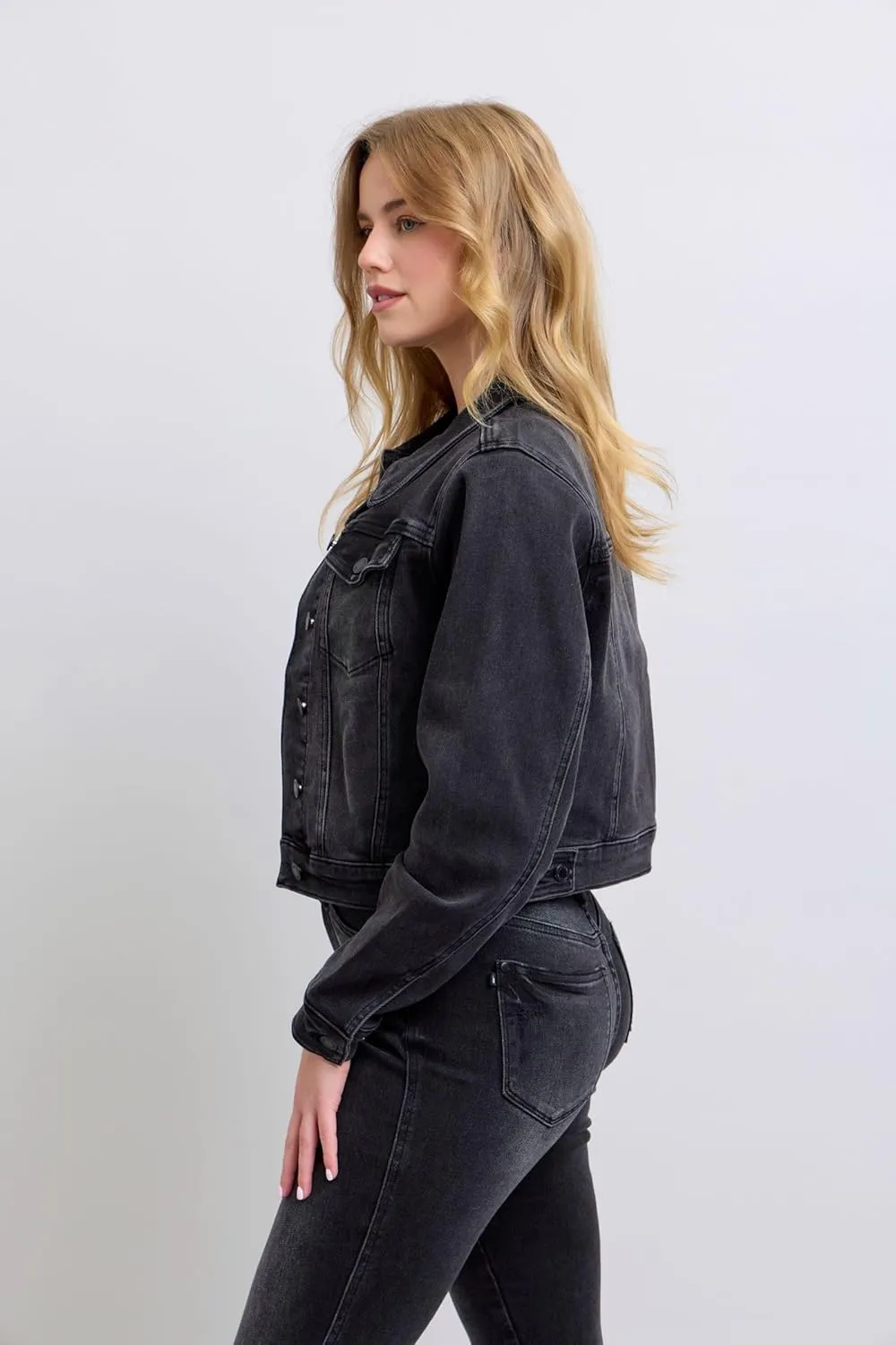 Judy Blue Mid-Length Black Jacket  Stretch Denim Comfort, Classic Style, Versatile Outerwear -7878