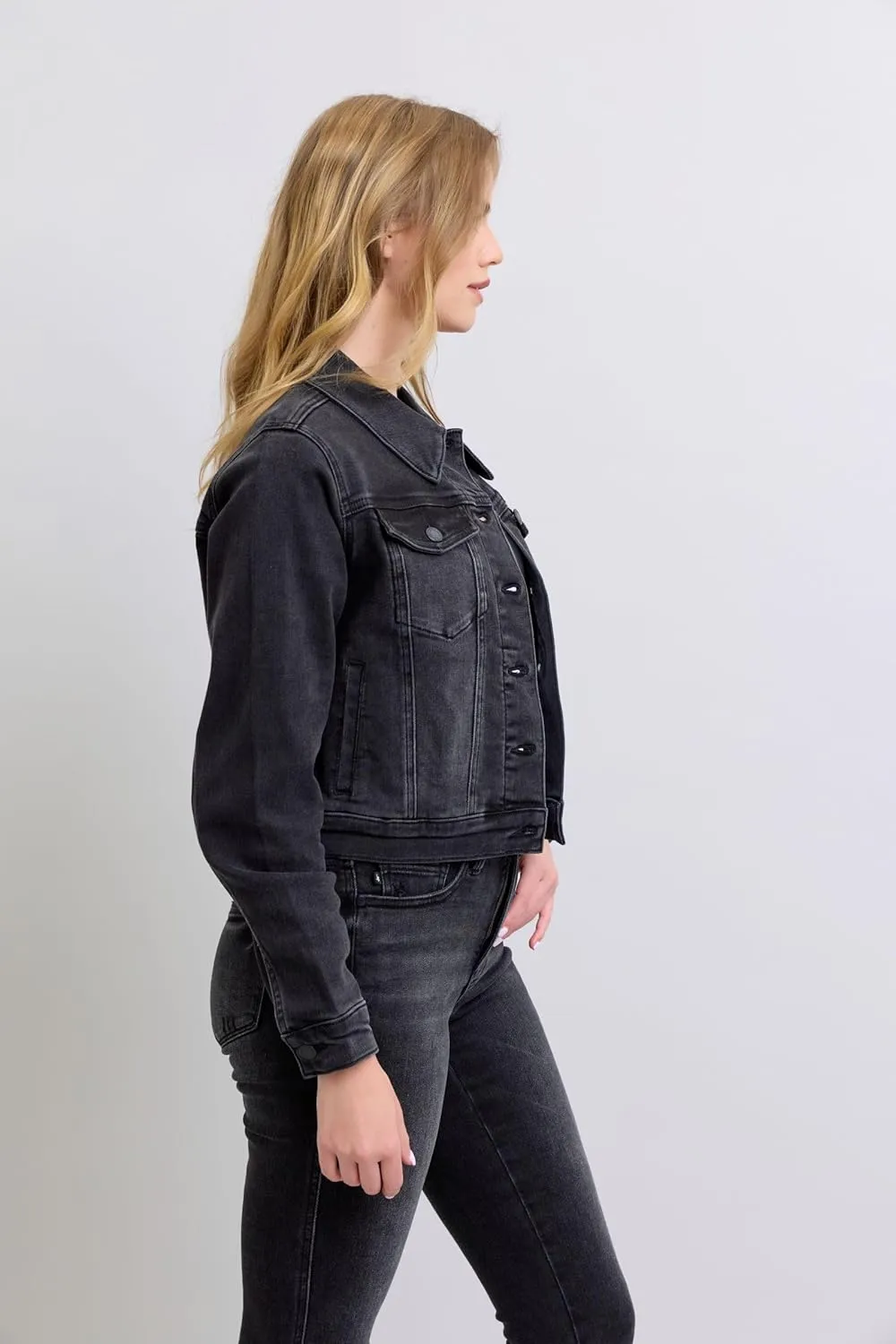 Judy Blue Mid-Length Black Jacket  Stretch Denim Comfort, Classic Style, Versatile Outerwear -7878
