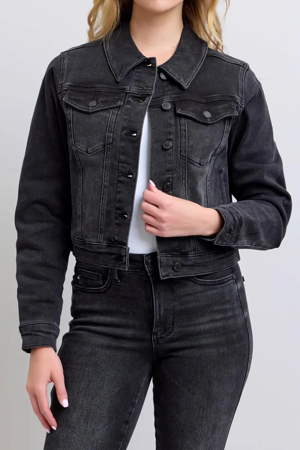 Judy Blue Mid-Length Black Jacket  Stretch Denim Comfort, Classic Style, Versatile Outerwear -7878