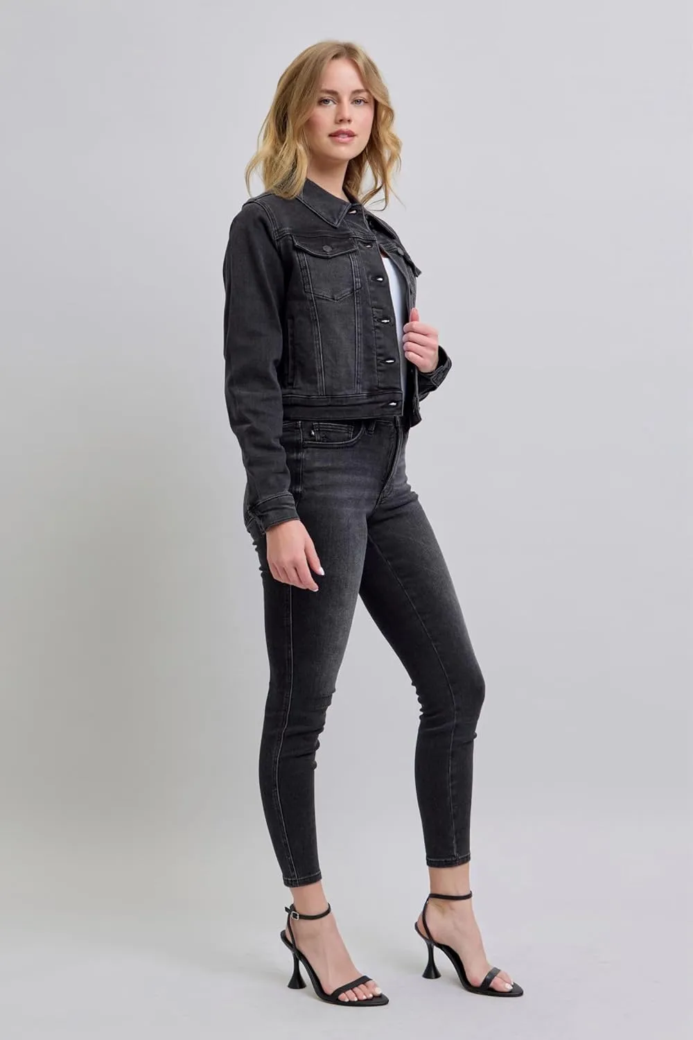 Judy Blue Mid-Length Black Jacket  Stretch Denim Comfort, Classic Style, Versatile Outerwear -7878
