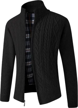 JYG Cardigan Sweaters for Men Full Zip Fleece Lined Up Stand Collar Slim Fit Knitted Sweater with 2 Front Pockets