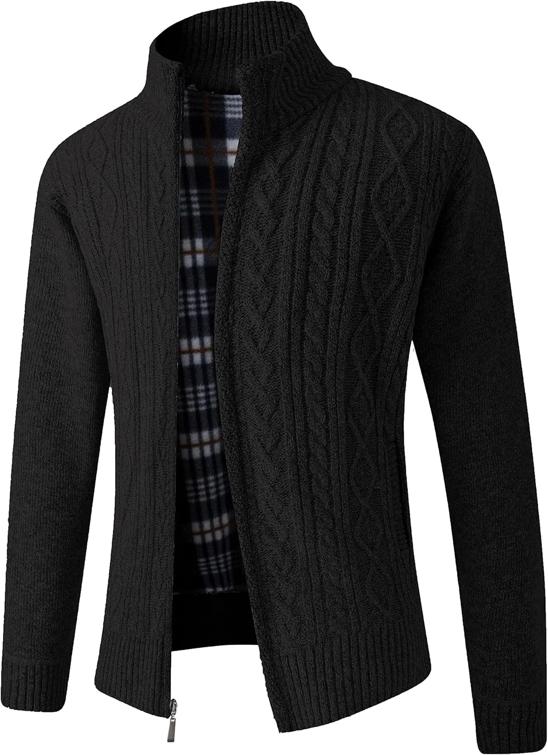 JYG Cardigan Sweaters for Men Full Zip Fleece Lined Up Stand Collar Slim Fit Knitted Sweater with 2 Front Pockets