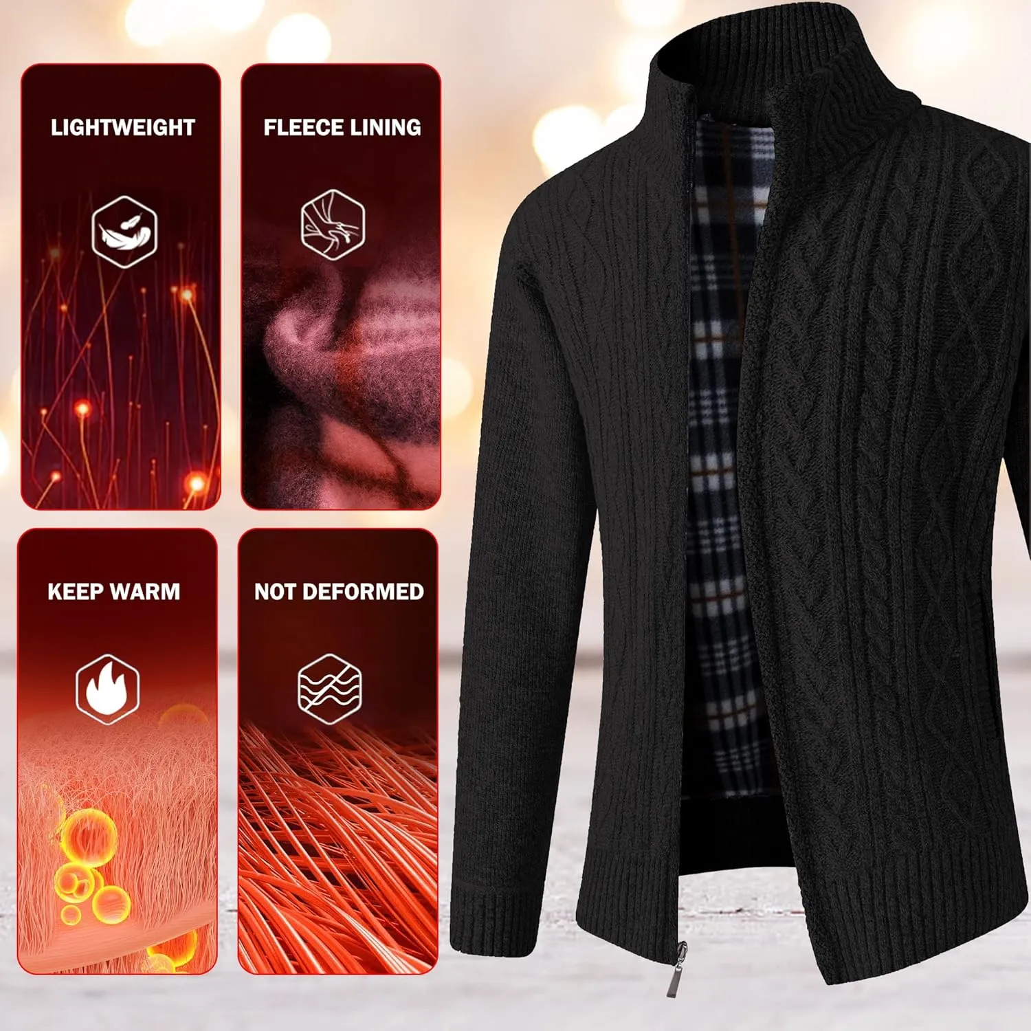 JYG Cardigan Sweaters for Men Full Zip Fleece Lined Up Stand Collar Slim Fit Knitted Sweater with 2 Front Pockets