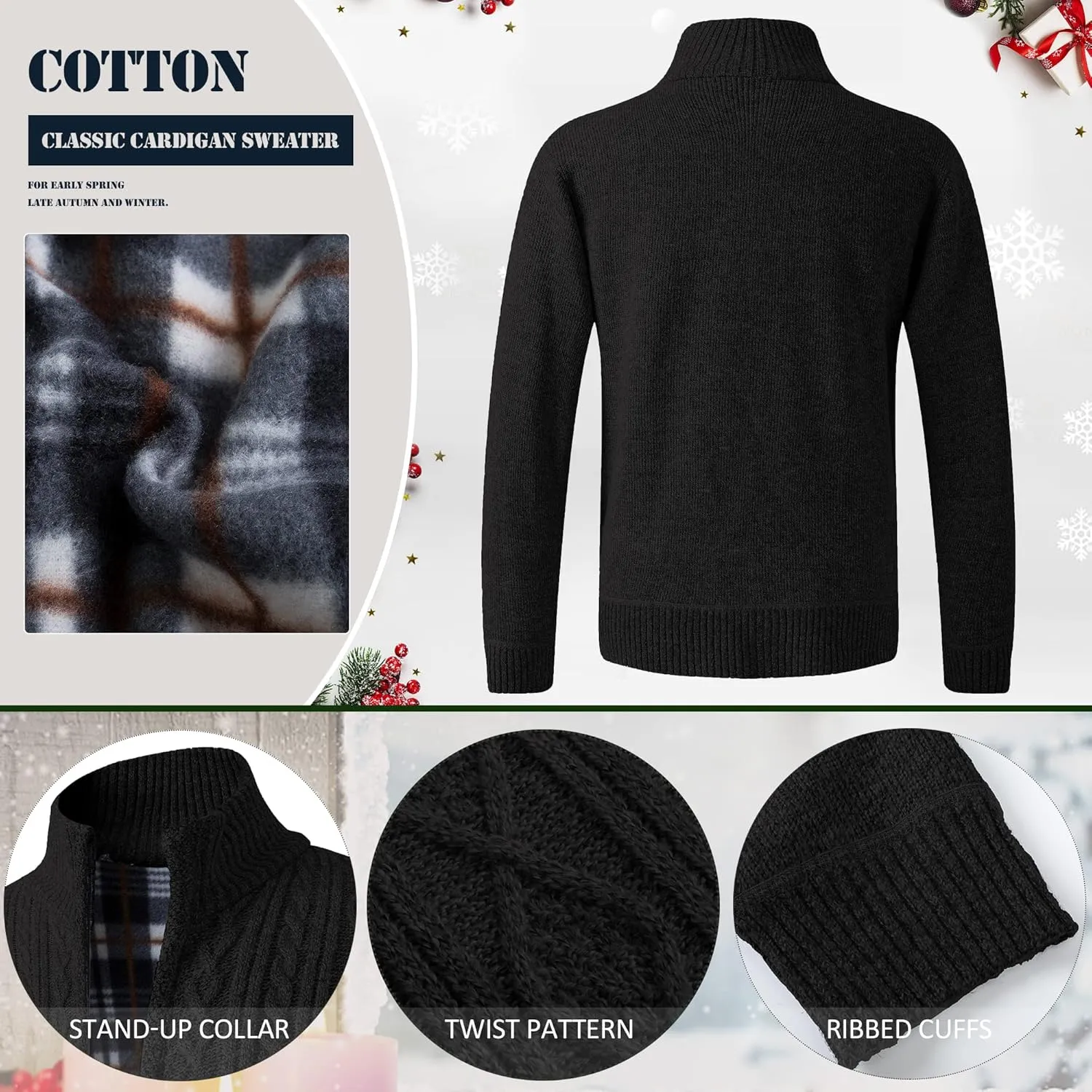 JYG Cardigan Sweaters for Men Full Zip Fleece Lined Up Stand Collar Slim Fit Knitted Sweater with 2 Front Pockets